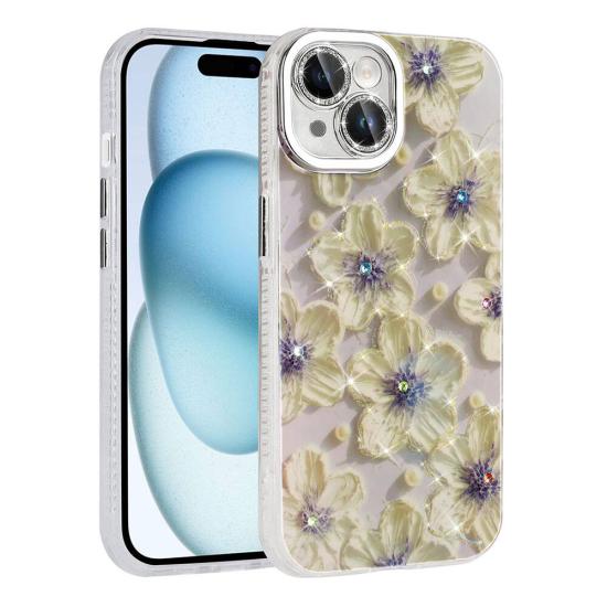 iPhone Uyumlu 14 Kılıf Çiçek Desenli Parlak Taşlı Sert Silikon Zore Garden Kapak