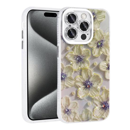 iPhone Uyumlu 15 Pro Max Kılıf Çiçek Desenli Parlak Taşlı Sert Silikon Zore Garden Kapak