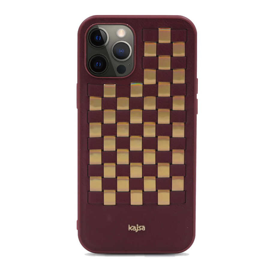 iPhone%20Uyumlu%2012%20Pro%20Kılıf%20Kajsa%20Preppie%20Serisi%20Spotlight%20Woven%20Kapak-Bordo