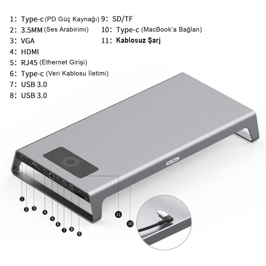 Go%20Des%20GD-9128%20Hub%20ve%20Kablosuz%20Şarj%20Destekli%20Laptop%20Standı%20Docking%20Station%20Stand