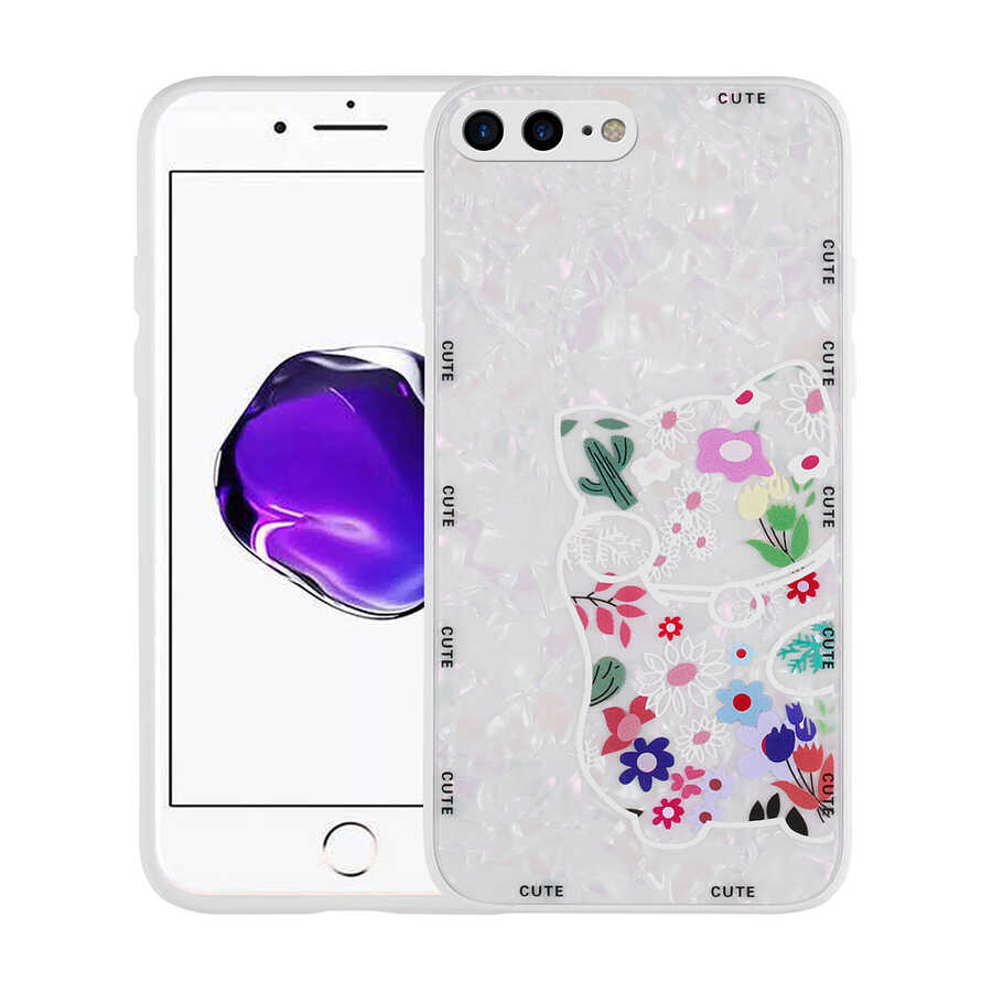 iPhone%20Uyumlu%207%20Plus%20Kılıf%20Desenli%20Sert%20Silikon%20Zore%20Mumila%20Kapak-White%20cat