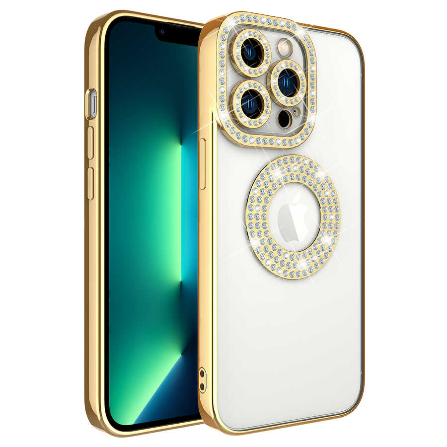 iPhone%20Uyumlu%2013%20Pro%20Kılıf%20Kamera%20Korumalı%20Taş%20Süslemeli%20Arkası%20Şeffaf%20Zore%20Asya%20Kapak-Gold