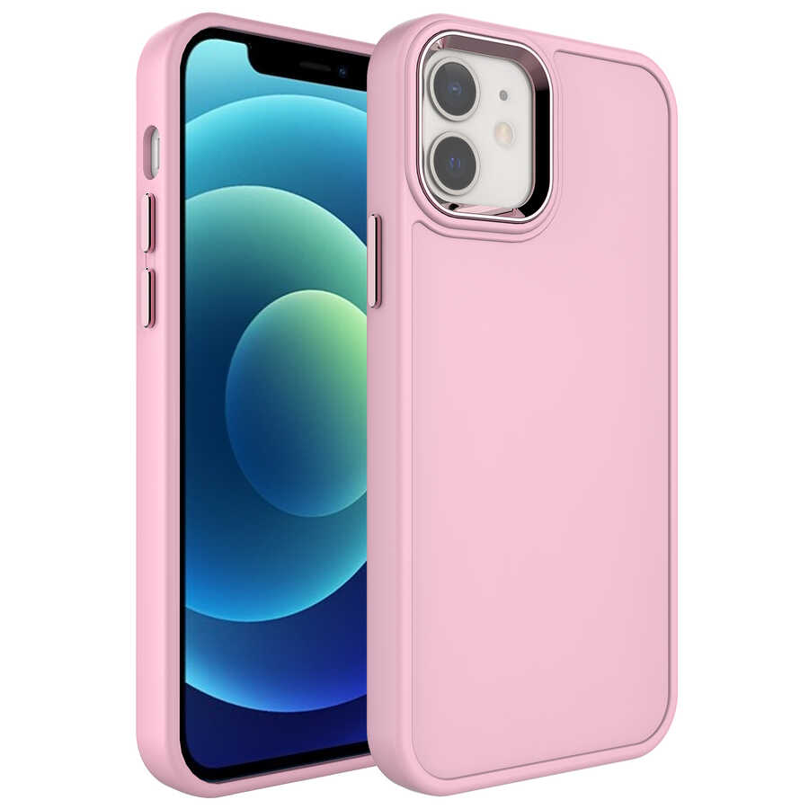 iPhone%20Uyumlu%2011%20Kılıf%20Metal%20Çerçeve%20ve%20Buton%20Tasarımlı%20Sert%20Zore%20Botox%20Kapak-Pembe%20açık