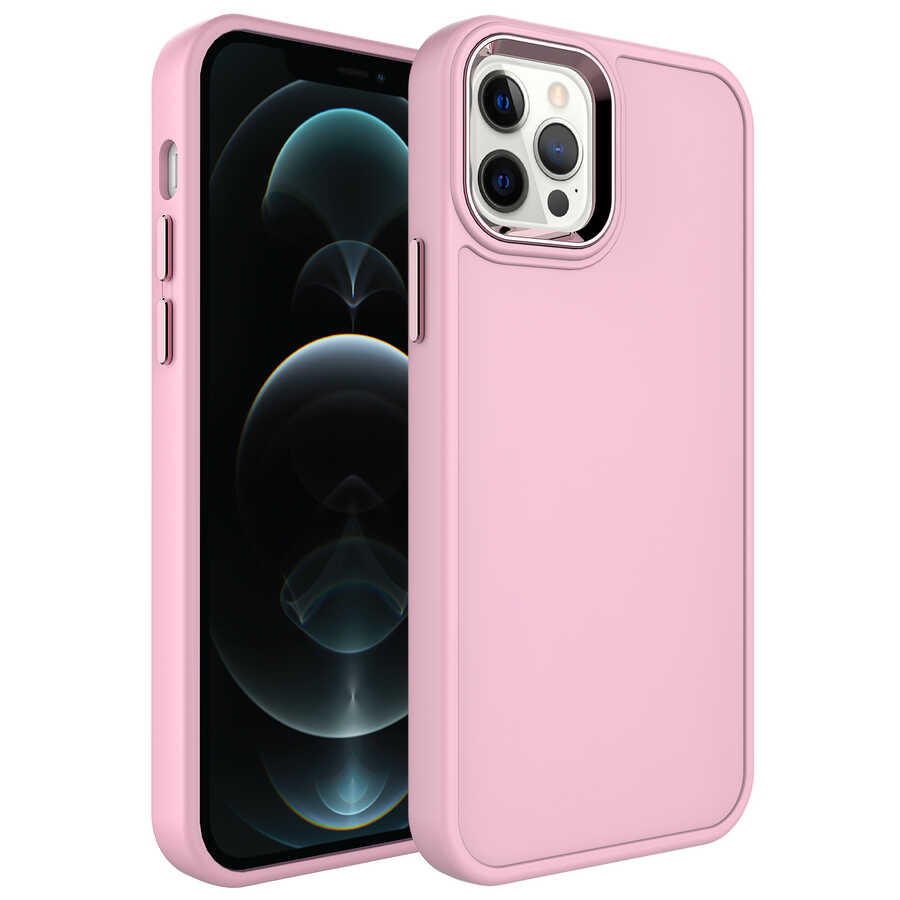 iPhone%20Uyumlu%2012%20Pro%20Kılıf%20Metal%20Çerçeve%20ve%20Buton%20Tasarımlı%20Sert%20Zore%20Botox%20Kapak-Pembe%20açık