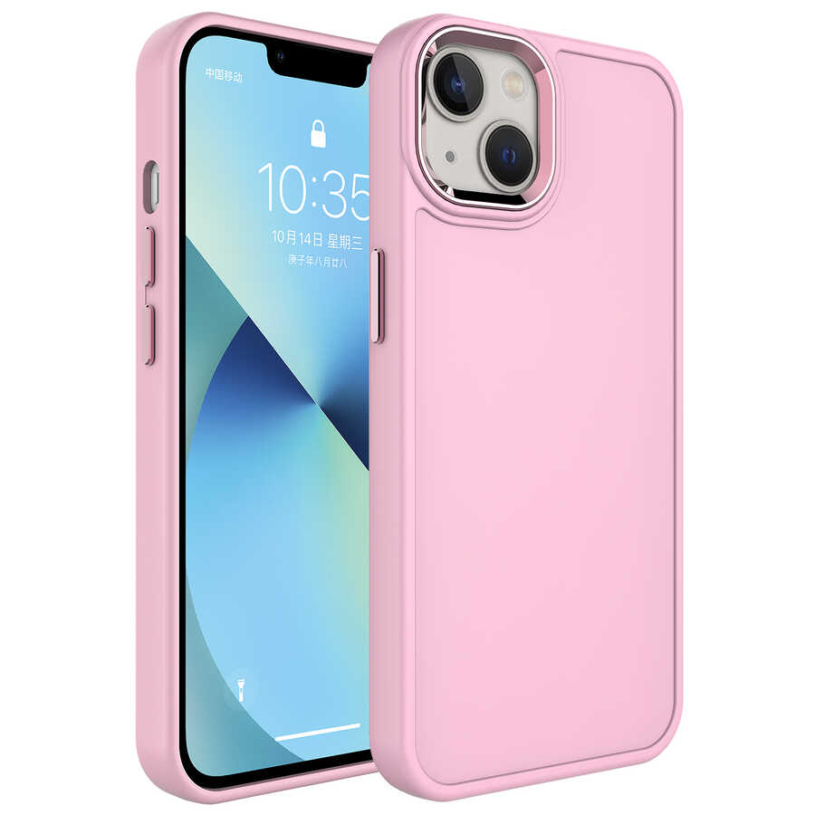 iPhone%20Uyumlu%2013%20Kılıf%20Metal%20Çerçeve%20ve%20Buton%20Tasarımlı%20Sert%20Zore%20Botox%20Kapak-Pembe%20açık