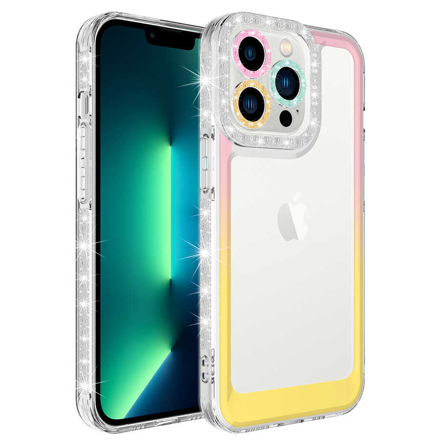 iPhone%20Uyumlu%2012%20Pro%20Kılıf%20Simli%20ve%20Renk%20Geçiş%20Tasarımlı%20Lens%20Korumalı%20Zore%20Park%20Kapak-Pembe-sarı