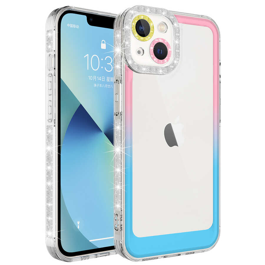 iPhone%20Uyumlu%2013%20Kılıf%20Simli%20ve%20Renk%20Geçiş%20Tasarımlı%20Lens%20Korumalı%20Zore%20Park%20Kapak-Pembe-mavi