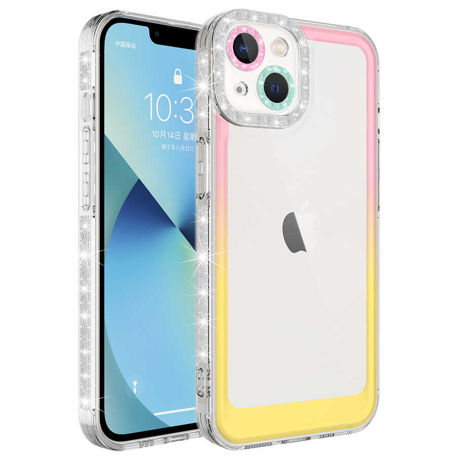 iPhone%20Uyumlu%2014%20Kılıf%20Simli%20ve%20Renk%20Geçiş%20Tasarımlı%20Lens%20Korumalı%20Zore%20Park%20Kapak-Pembe-sarı