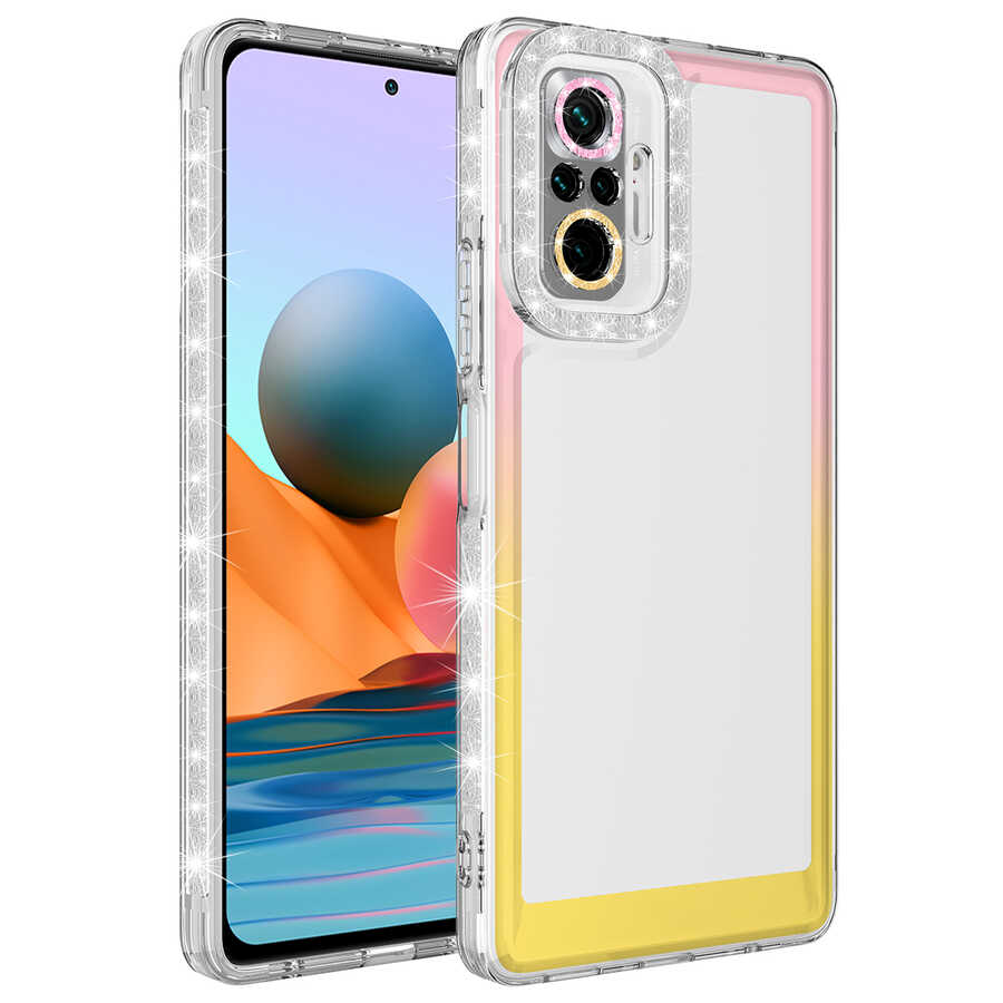 Xiaomi%20Uyumlu%20%20Redmi%20Note%2010%20Pro%20Kılıf%20Simli%20ve%20Renk%20Geçiş%20Tasarımlı%20Lens%20Korumalı%20Zore%20Park%20Kapak-Pembe-sarı