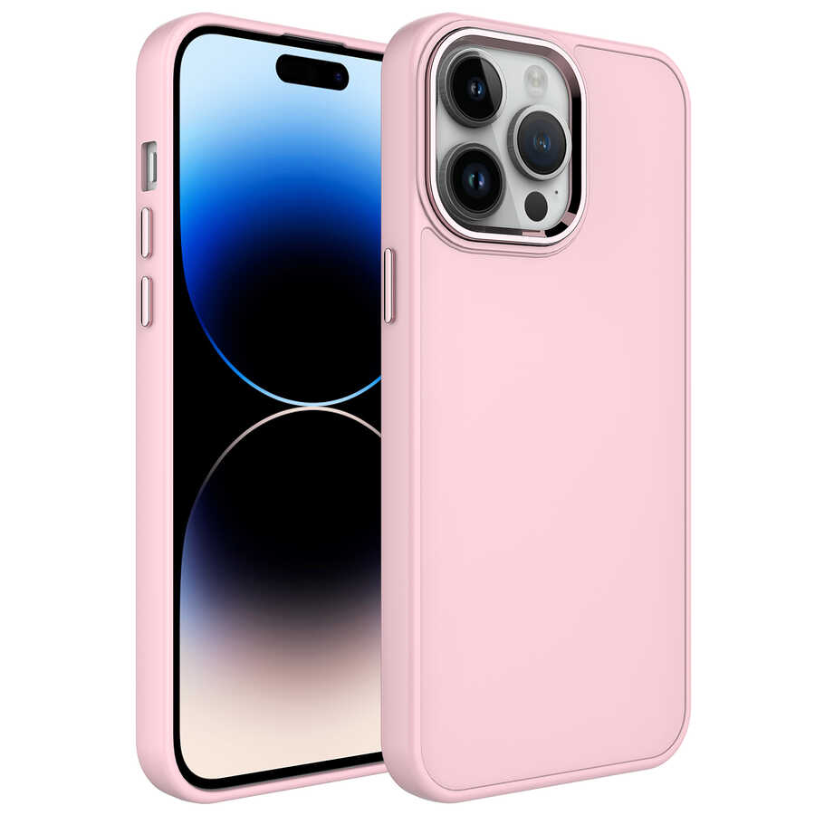 iPhone%20Uyumlu%2013%20Pro%20Kılıf%20Metal%20Çerçeve%20ve%20Buton%20Tasarımlı%20Silikon%20Zore%20Luna%20Kapak-Pembe