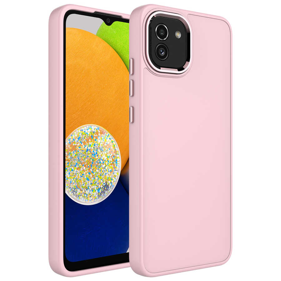 Galaxy%20Uyumlu%20A03%20Kılıf%20Metal%20Çerçeve%20ve%20Buton%20Tasarımlı%20Silikon%20Zore%20Luna%20Kapak-Pembe