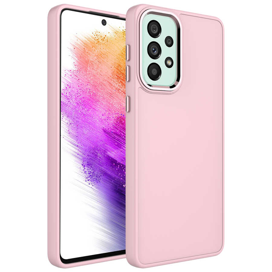 Galaxy%20Uyumlu%20A23%20Kılıf%20Metal%20Çerçeve%20ve%20Buton%20Tasarımlı%20Silikon%20Zore%20Luna%20Kapak-Pembe