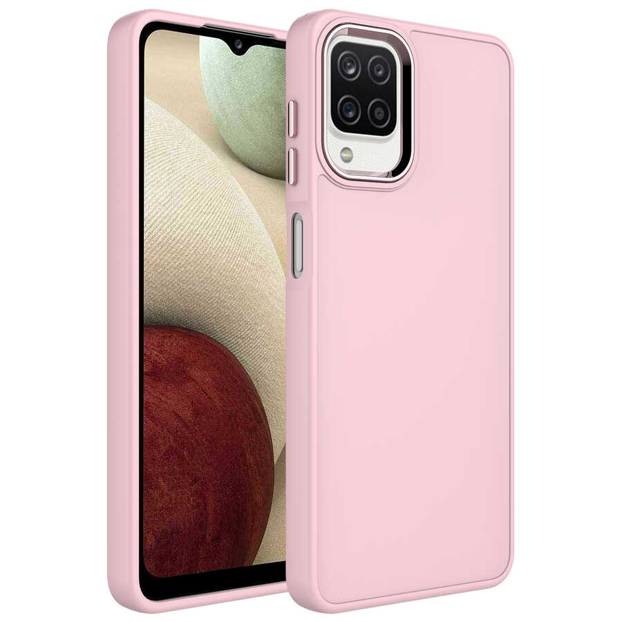 Galaxy%20Uyumlu%20A12%20Kılıf%20Metal%20Çerçeve%20ve%20Buton%20Tasarımlı%20Silikon%20Zore%20Luna%20Kapak-Pembe