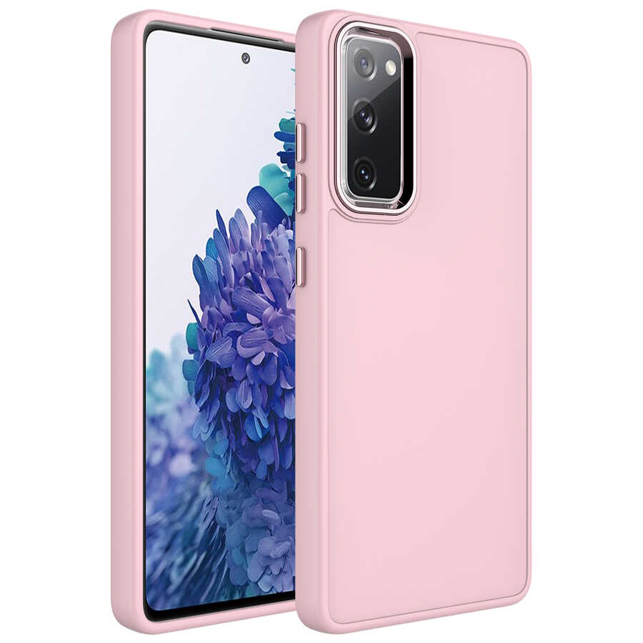 Galaxy%20Uyumlu%20S20%20FE%20Kılıf%20Metal%20Çerçeve%20ve%20Buton%20Tasarımlı%20Silikon%20Zore%20Luna%20Kapak-Pembe