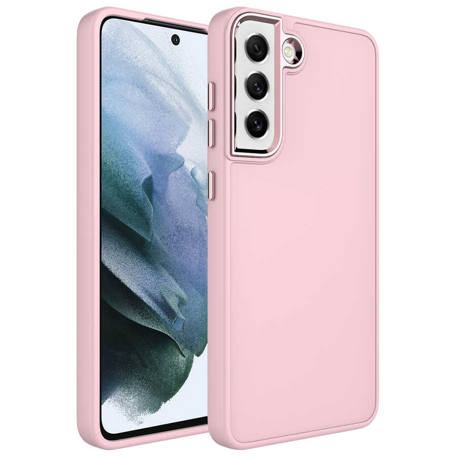 Galaxy%20Uyumlu%20S21%20FE%20Kılıf%20Metal%20Çerçeve%20ve%20Buton%20Tasarımlı%20Silikon%20Zore%20Luna%20Kapak-Pembe