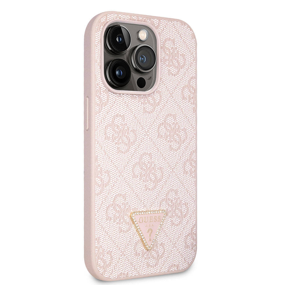 iPhone%20Uyumlu%2014%20Pro%20Kılıf%20Guess%20Orjinal%20Lisanslı%20PU%20Deri%20Taşlı%20Üçgen%20Logo%204G%20Desenli%20Kapak-Pembe