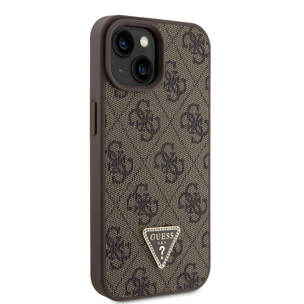 iPhone%20Uyumlu%2015%20Kılıf%20Guess%20Orjinal%20Lisanslı%20PU%20Deri%20Taşlı%20Üçgen%20Logo%204G%20Desenli%20Strass%20Kapak-Kahverengi