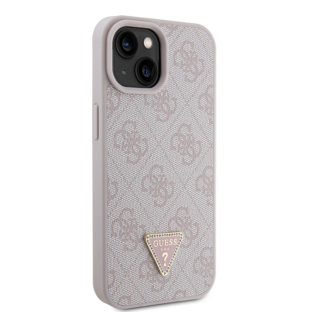 iPhone%20Uyumlu%2015%20Kılıf%20Guess%20Orjinal%20Lisanslı%20PU%20Deri%20Taşlı%20Üçgen%20Logo%204G%20Desenli%20Strass%20Kapak-Pembe