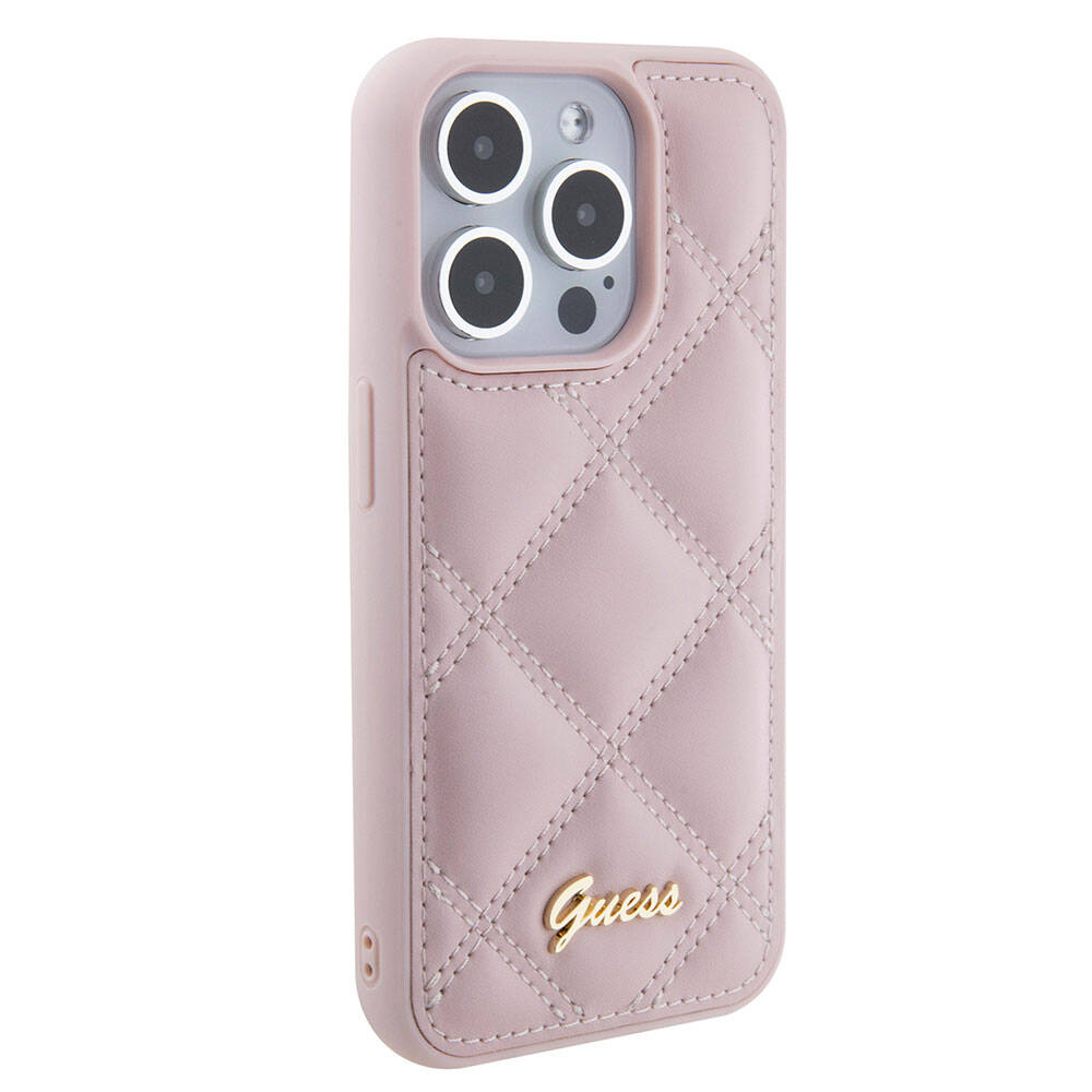 iPhone%20Uyumlu%2015%20Pro%20Kılıf%20Guess%20Orjinal%20Lisanslı%20PU%20Deri%20Metal%20Yazı%20Logolu%20Kapitone%20Kapak-Pembe