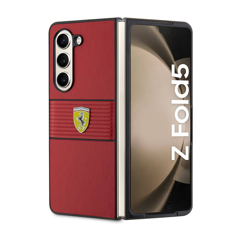 Galaxy%20Uyumlu%20Z%20Fold%205%20Kılıf%20Ferrari%20Orjinal%20Lisanslı%20PU%20Deri%20Metal%20Logolu%20Multi%20Çizgili%20Kapak-Kırmızı