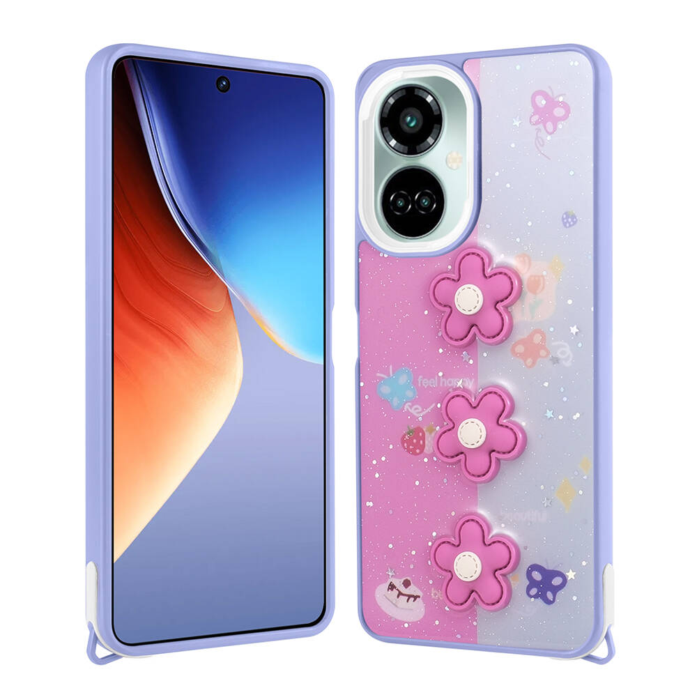 Tecno%20Camon%2019%20Pro%20Kılıf%20Parlayan%20Simli%20Kabartma%20Figürlü%20Zore%20Cevze%20Kapak-Mor%20papatya