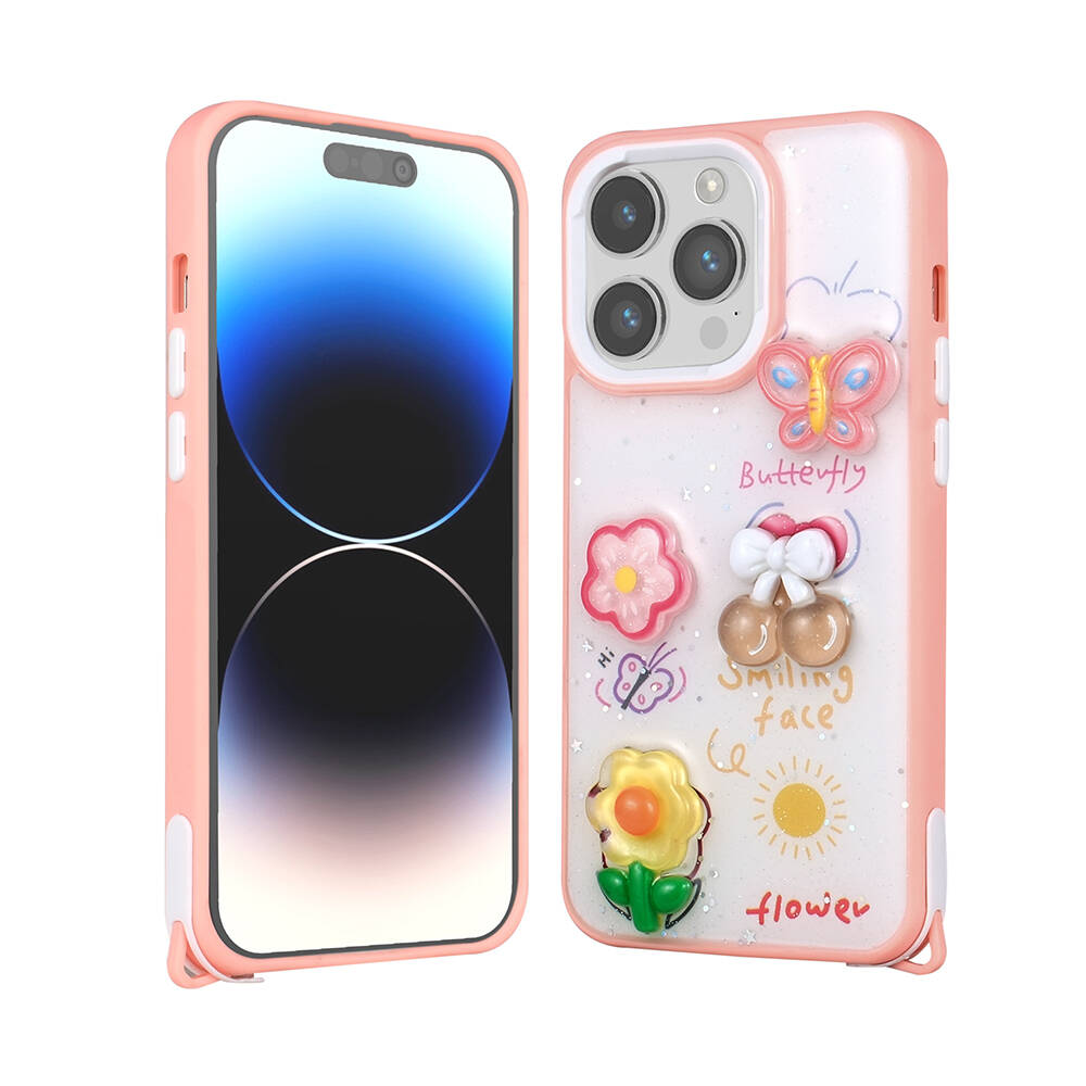 iPhone%20Uyumlu%2014%20Pro%20Max%20Kılıf%20Parlayan%20Simli%20Kabartma%20Figürlü%20Zore%20Cevze%20Kapak-Pembe