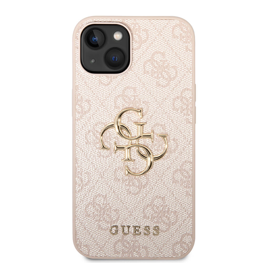 iPhone%20Uyumlu%2014%20Kılıf%20Guess%20PU%20Deri%20Büyük%20Metal%20Logo%20Dizaynlı%20Kapak-Pembe