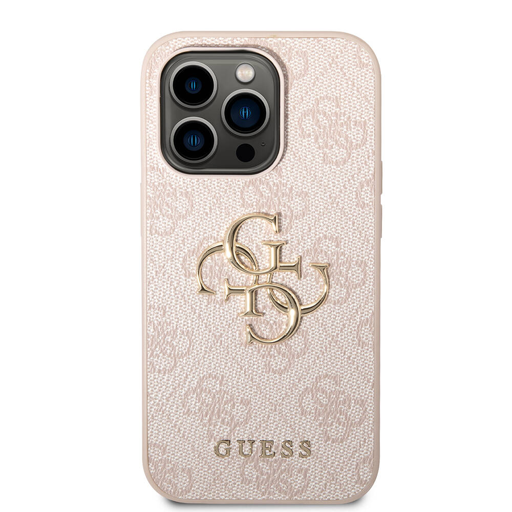 iPhone%20Uyumlu%2014%20Pro%20Kılıf%20Guess%20PU%20Deri%20Büyük%20Metal%20Logo%20Dizaynlı%20Kapak-Pembe