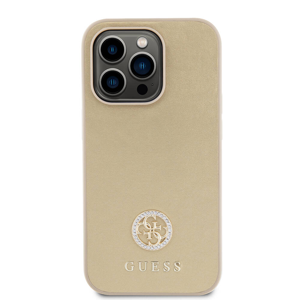 iPhone%20Uyumlu%2014%20Pro%20Max%20Kılıf%20Guess%20Orjinal%20Lisanslı%20Deri%204G%20Metal%20Logo%20Strass%20Kapak-Gold