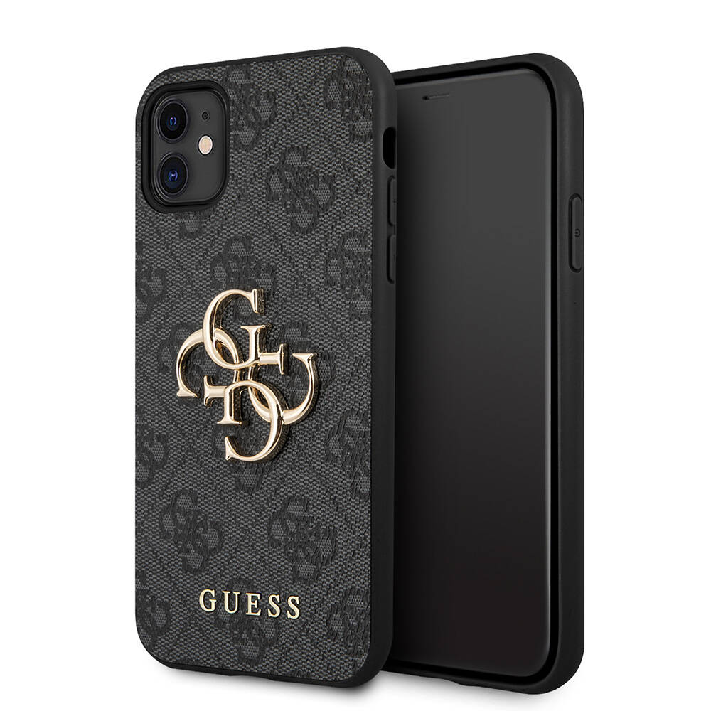 iPhone%20Uyumlu%2011%20Kılıf%20Guess%20PU%20Deri%20Büyük%20Metal%20Logo%20Dizaynlı%20Kapak-Gri