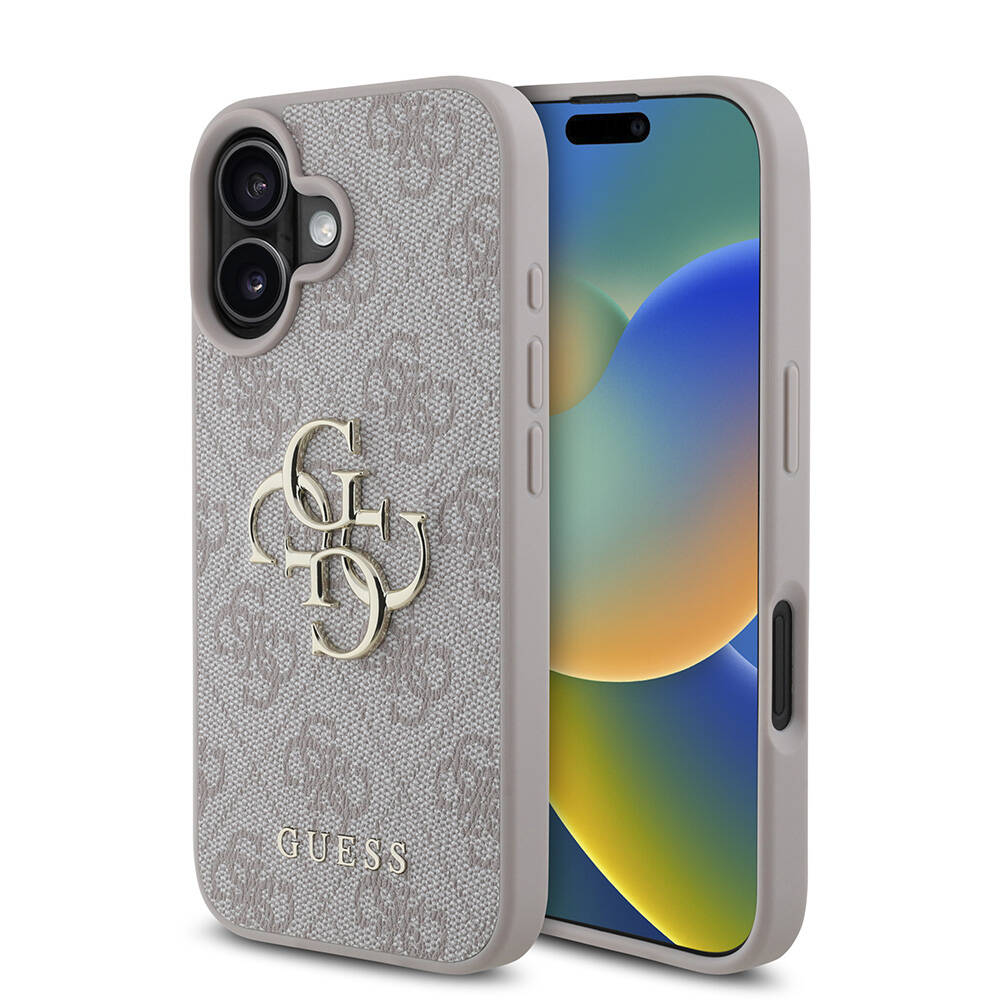 iPhone%20Uyumlu%2016%20Plus%20Kılıf%20Guess%20Orjinal%20Lisanslı%20PU%20Deri%204G%20Desenli%20Metal%20Büyük%204G%20ve%20Yazı%20Logolu%20Kapak-Pembe