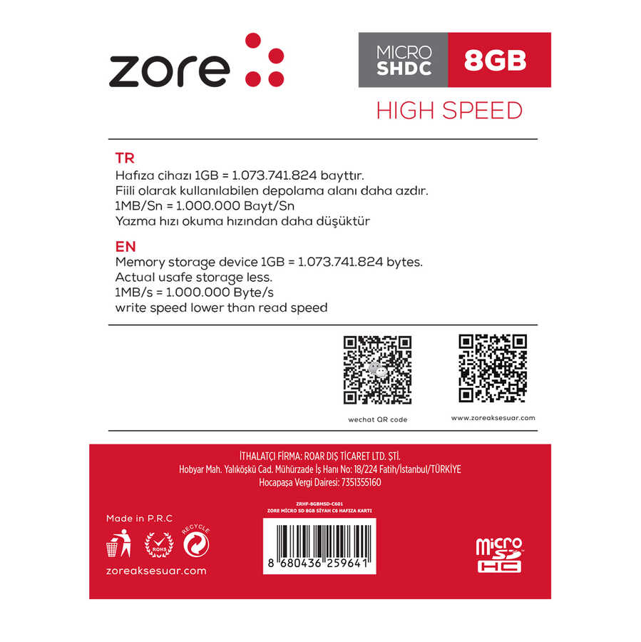 Zore%20Micro%20SD%20Hafıza%20Kartı%208GB