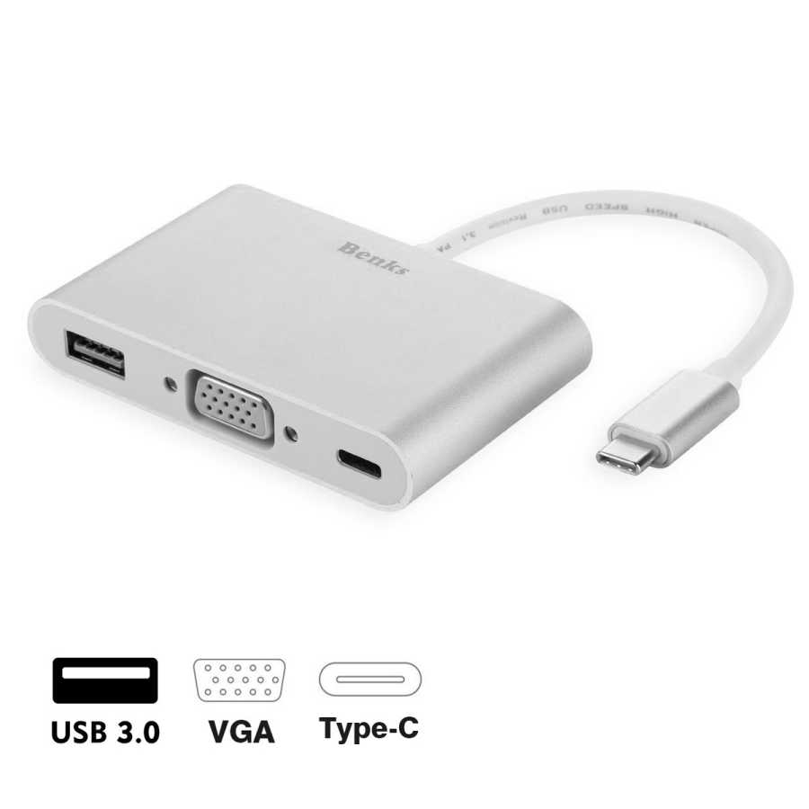 Benks%20U20%20Type-C%20to%203%20in%201%20Adaptör%20(Usb%203.0+VGA+Type-C)