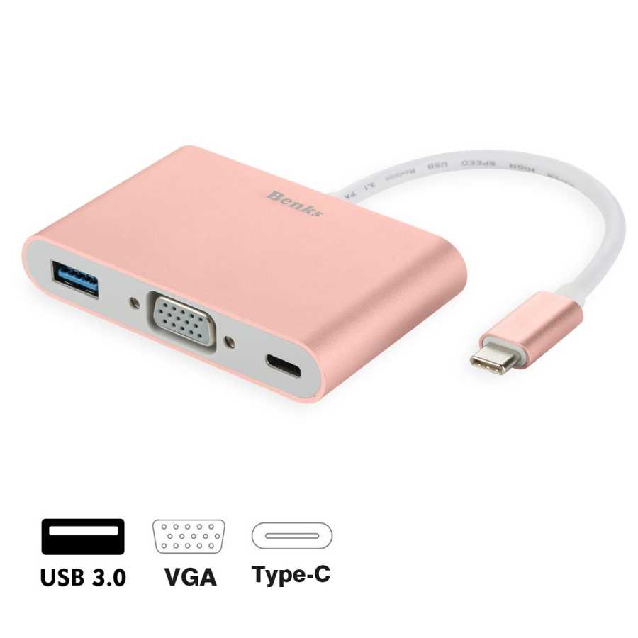 Benks%20U20%20Type-C%20to%203%20in%201%20Adaptör%20(Usb%203.0+VGA+Type-C)-Rose%20gold