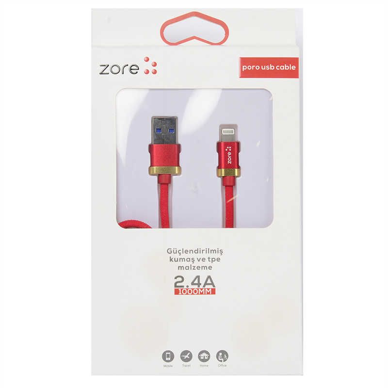 Zore%20Poro%20Lightning%20Usb%20Kablo%201M-Kırmızı