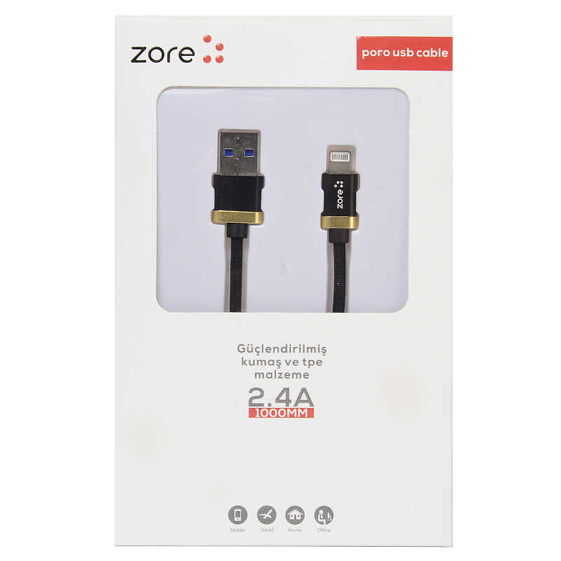 Zore%20Poro%20Lightning%20Usb%20Kablo%201M-Siyah