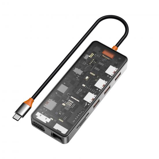 Wiwu CB011 Cyber 11 in 1 Type-C Hub 100W Şarj Destekli Şeffaf Görünümlü SD Kart-RJ45-Hdmi-VGA-Usb Çoğaltıcı