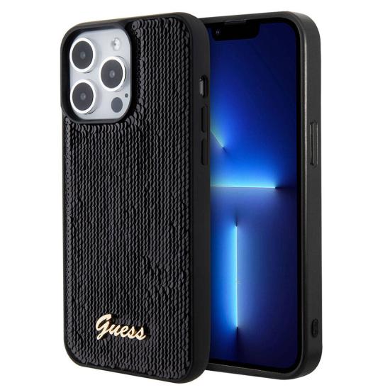 iPhone Uyumlu 15 Pro Kılıf Guess Orjinal Lisanslı Pullu Arka Yüzey Metal Yazı Logolu Sequin Script Kapak