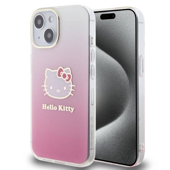 iPhone Uyumlu 15 Kılıf Hello Kitty Orjinal Lisanslı Yazı ve İkonik Logolu Elektroplating Kaplama Gradyan Kapak