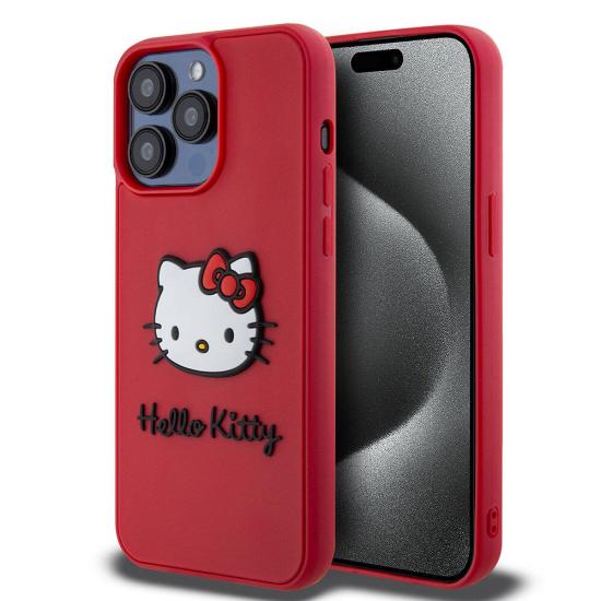 iPhone Uyumlu 15 Pro Kılıf Hello Kitty Orjinal Lisanslı Yazı ve İkonik Logolu 3D Rubber Kitty Head Kapak