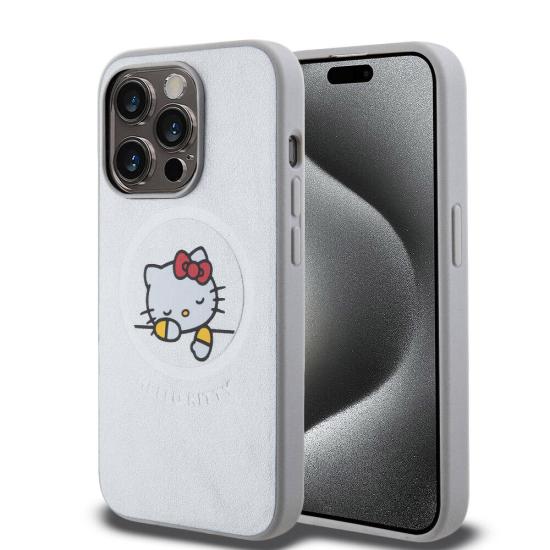 iPhone Uyumlu 15 Pro Kılıf Hello Kitty Orjinal Lisanslı Magsafe Şarj Özellikli Baskı Logolu Uyuyan Kitty Deri Kapak