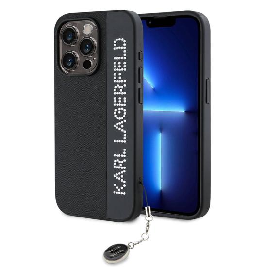 iPhone Uyumlu 15 Pro Kılıf Karl Lagerfeld Orjinal Lisanslı Anahtarlıklı Taşlı KL Yazılı Saffiano Rhinestones Kapak