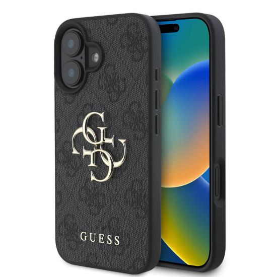 iPhone Uyumlu 16 Kılıf Guess Orjinal Lisanslı PU Deri 4G Desenli Metal Büyük 4G ve Yazı Logolu Kapak