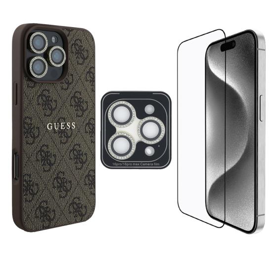 iPhone Uyumlu 16 Pro Guess Orjinal Lisanslı Kılıf + Ekran Koruyucu + Lens Koruyucu 3in1 Aksesuar Seti